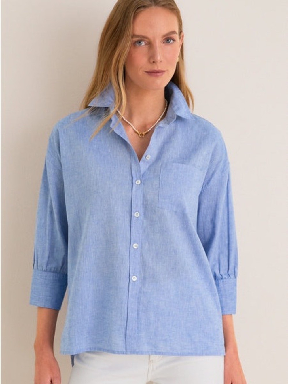 NWT Pomander Place Tuckernuck Chambray Boyfriend Sky Blue Button Shirt Large